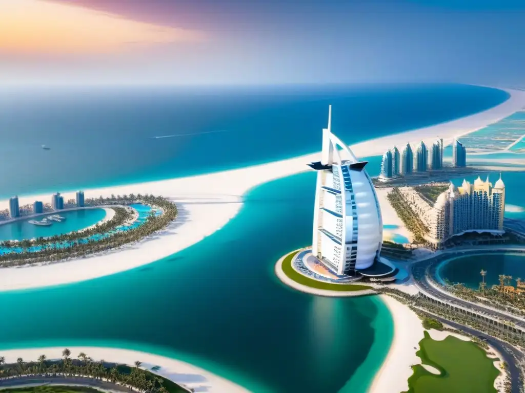 Esplendor dorado: Burj Al Arab al atardecer en Dubai Puesta de sol vibrante sobre el emblemático hotel Burj Al Arab en Dubai, ideal para invertir en hoteles de lujo Medio Oriente