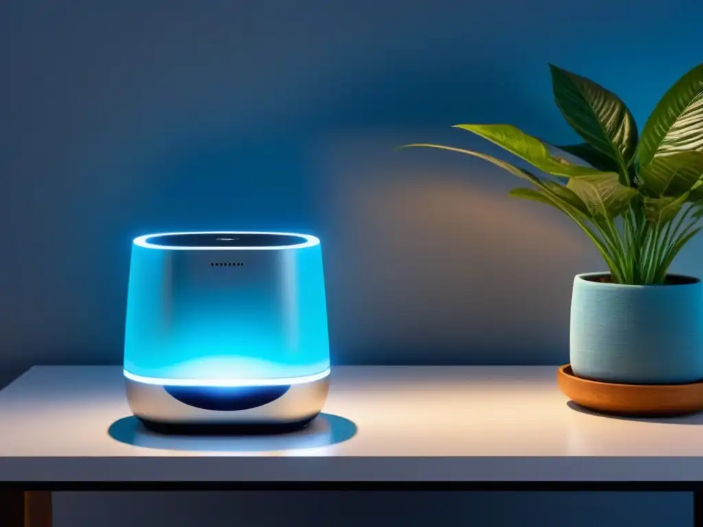 Purificador de aire futurista en entorno moderno Un purificador de aire futurista en una elegante cocina blanca, rodeado de plantas verdes, emitiendo una suave luz azul