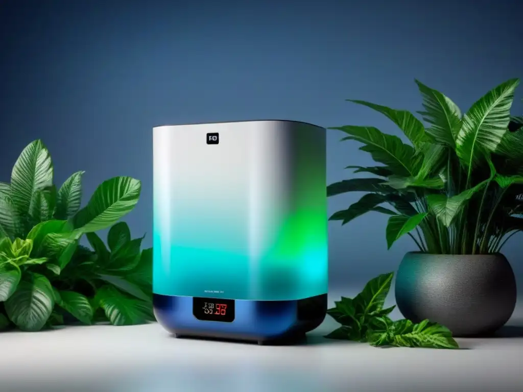 Purificador de aire moderno con diseño vanguardista y pantalla digital Purificador de aire para interiores con diseño vanguardista y pantalla digital, rodeado de plantas verdes exuberantes