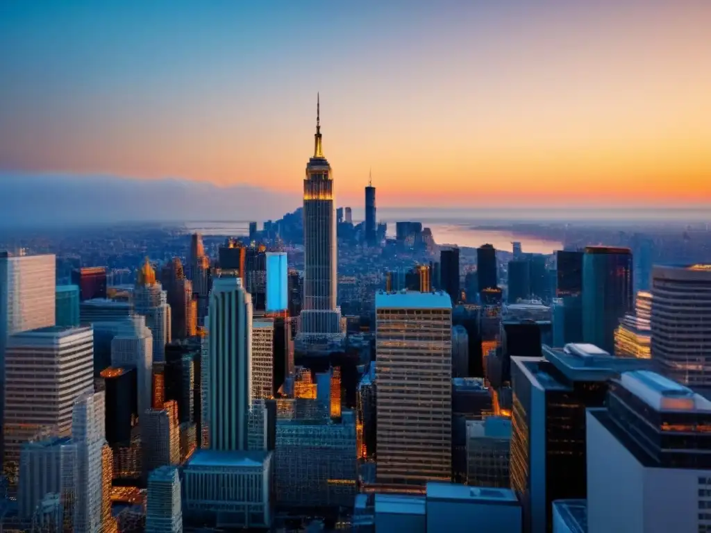Horizonte de rascacielos al atardecer: mercado inmobiliario global Radiante skyline de rascacielos en una ciudad global al atardecer, reflejando el dinamismo y desafíos de Compliance mercado inmobiliario internacional