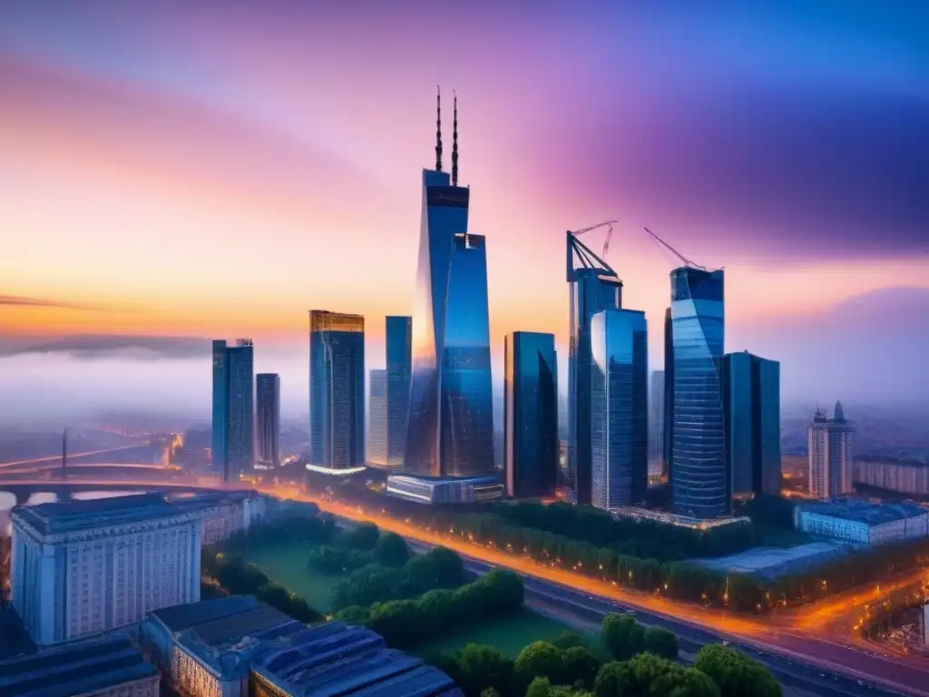 Metrópolis en Europa del Este: arquitectura moderna y vibrante Rápido desarrollo urbano en Europa del Este: metrópolis vibrante con rascacielos y arquitectura histórica en atardecer
