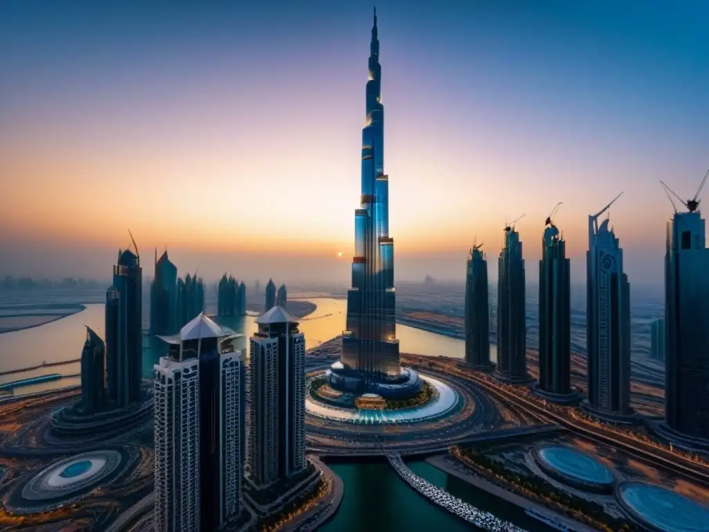 Torre Creek de Dubai: innovación y modernidad en el horizonte dorado Imponente Dubai Creek Tower entre rascacielos reflejando el atardecer dorado, simbolizando proyectos inmobiliarios internacionales innovadores