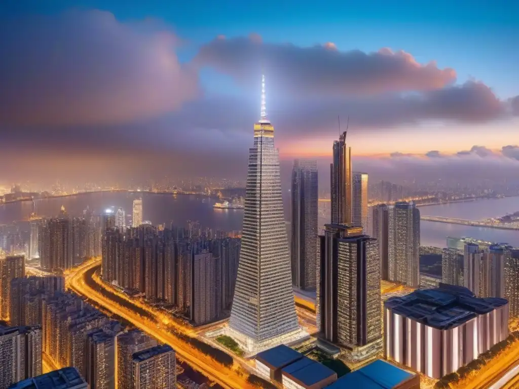 Rascacielos moderno con vista panorámica de ciudad vibrante al atardecer Un rascacielos contemporáneo iluminado en la noche con vista a una ciudad vibrante