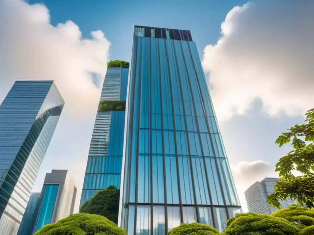 Rascacielos moderno y exuberante: inversión internacional exitosa Un rascacielos contemporáneo rodeado de exuberante vegetación, reflejando una exitosa inversión inmobiliaria internacional