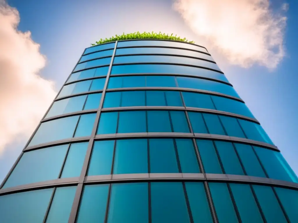 Edificio de vidrio sustentable: innovación y modernidad Un rascacielos de cristal lujoso rodeado de vegetación, con paneles solares