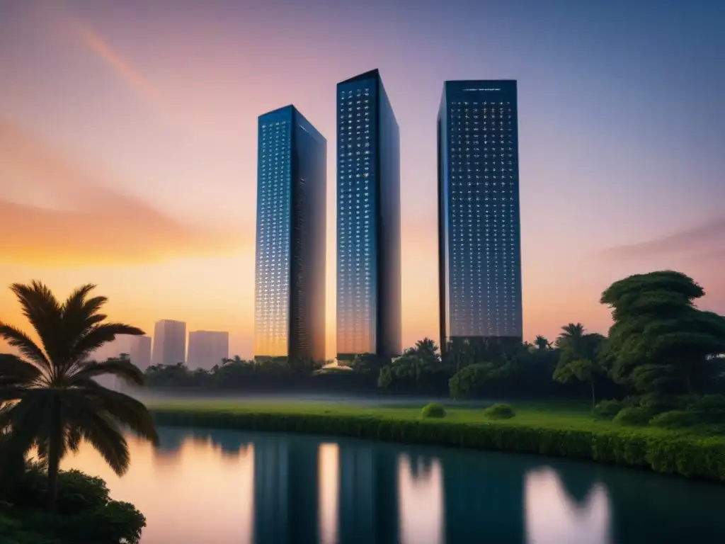 Rascacielos futurista en atardecer vibrante Un rascacielos de diseño futurista se alza altivo en un atardecer vibrante, rodeado de naturaleza exuberante y agua brillante