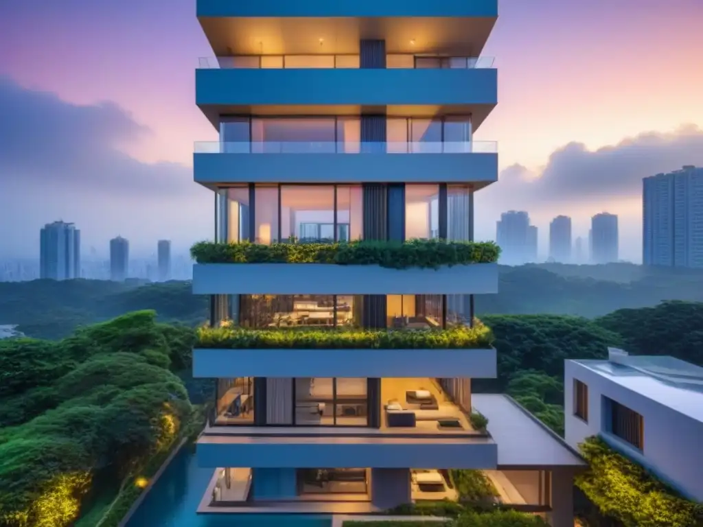 Edificio de lujo con diseño futurista, rodeado de naturaleza y ciudad Un rascacielos de diseño futurista rodeado de vegetación exuberante, reflejando el vibrante paisaje urbano al anochecer