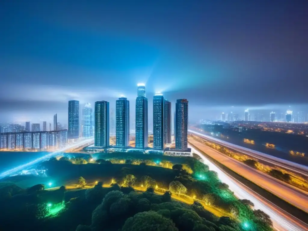 Edificio futurista con tecnología PropTech en metrópolis nocturna Un rascacielos de diseño futurista con tecnología PropTech en mercado inmobiliario internacional, reflejando una ciudad vibrante de noche