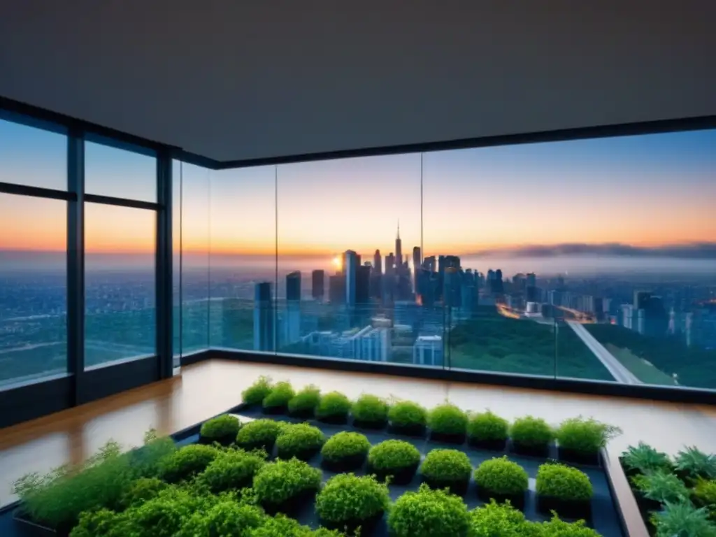 Edificio de lujo con diseño moderno y sostenible en la ciudad Un rascacielos de diseño moderno con jardines en la azotea y paneles solares, reflejando una ciudad vibrante