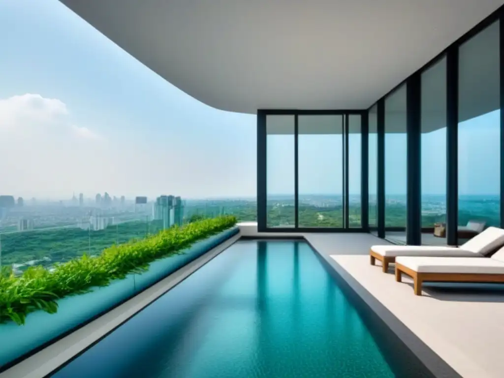 Edificio de lujo con diseño moderno y vistas panorámicas en la ciudad Un rascacielos de diseño moderno y lujoso, reflejando éxito y ambición global en la industria inmobiliaria