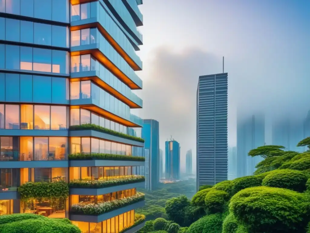 Rascacielos de lujo con realidad virtual integrada en la arquitectura Un rascacielos de diseño moderno con tecnología de realidad virtual, rodeado de vegetación en una ciudad bulliciosa
