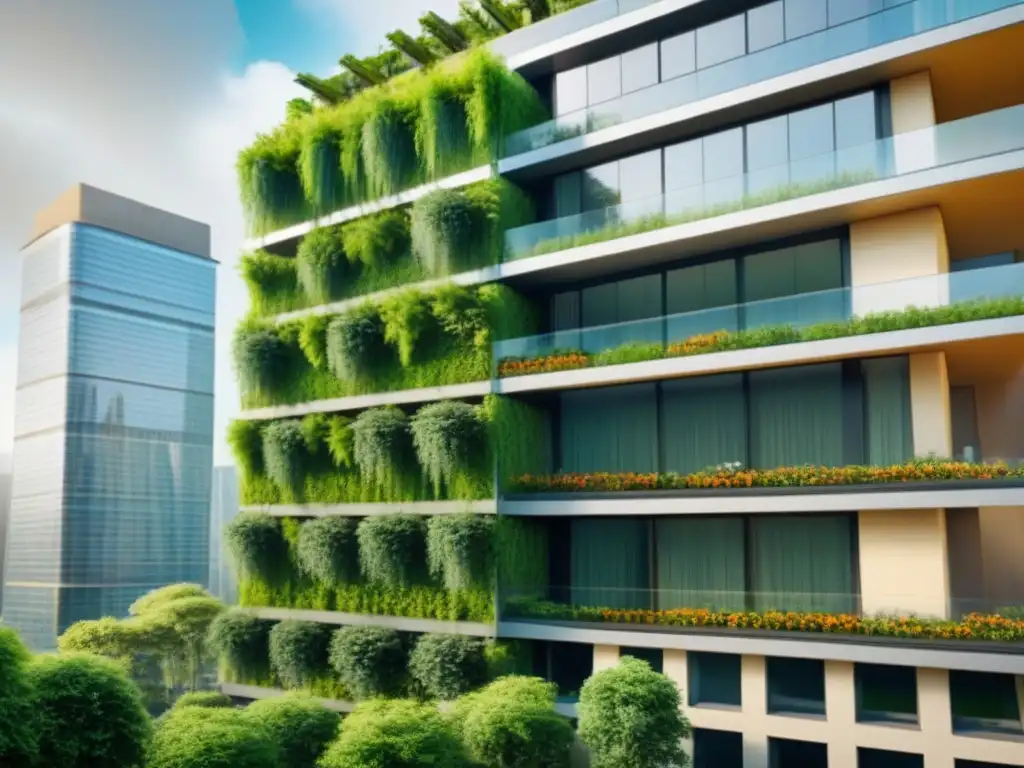 Rascacielos ecológico: armonía entre naturaleza y diseño urbano Un rascacielos ecoamigable rodeado de naturaleza exuberante, con paneles solares brillando bajo el sol y un jardín en la azotea lleno de plantas