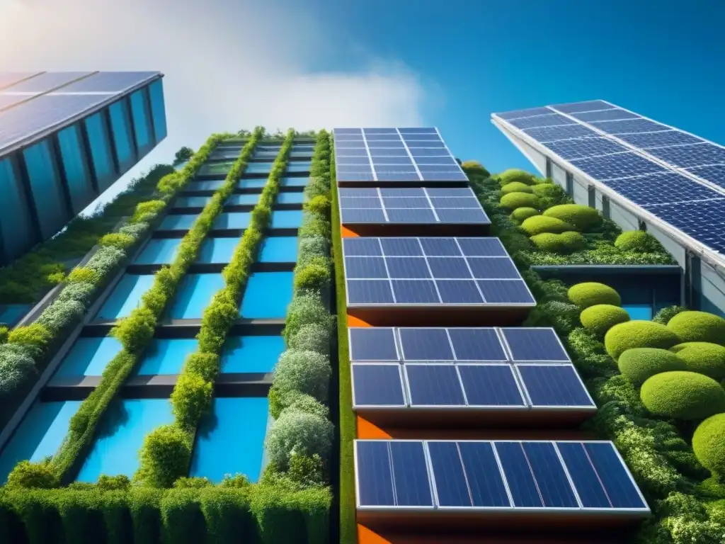 Rascacielos ecológico del futuro: innovación sostenible en la ciudad Un rascacielos ecológico futurista en una ciudad internacional rodeado de vegetación, paneles solares y profesionales entrando