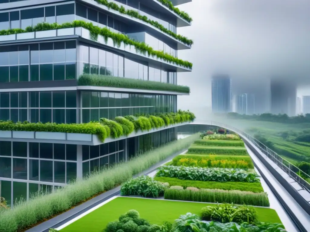 Rascacielos ecoamigable: futuro sostenible y comunitario Un rascacielos ecológico futurista rodeado de naturaleza y personas sostenibles