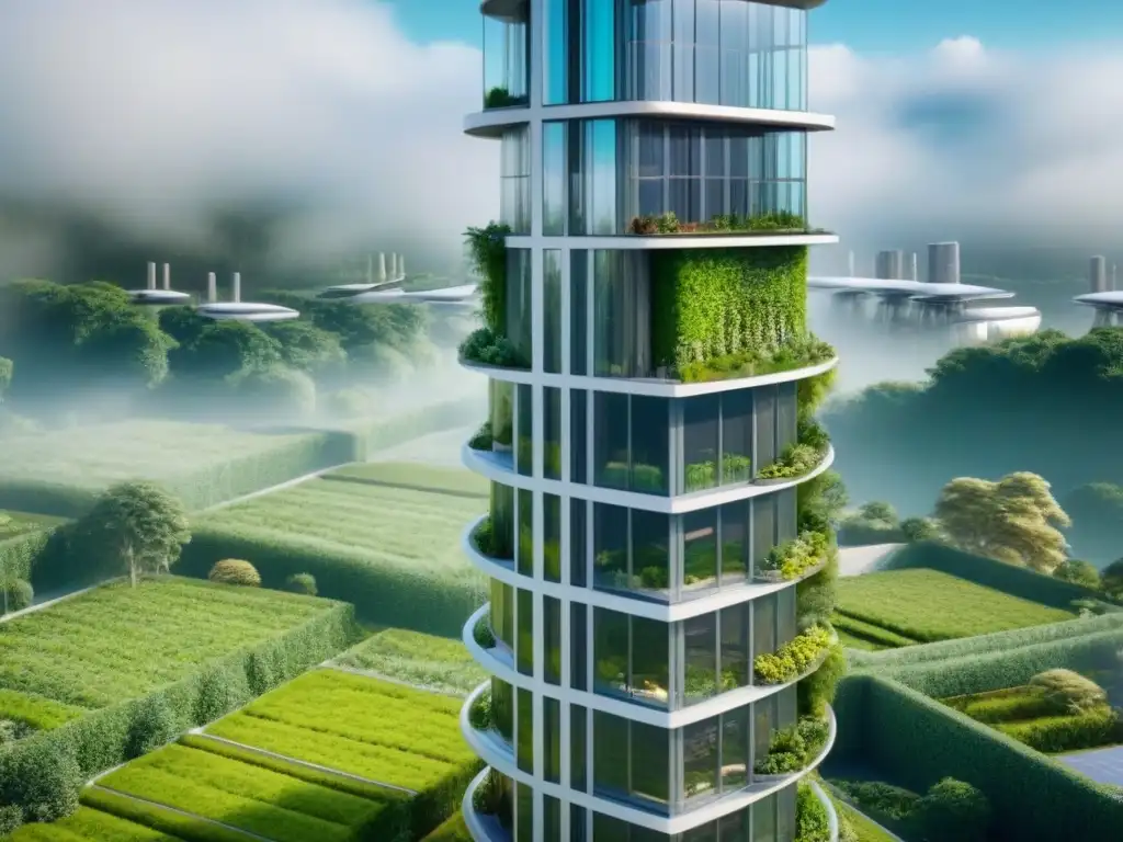 Rascacielos ecológico integrado en paisaje verde Un rascacielos ecológico integrado en un paisaje verde, con paneles solares, turbinas eólicas y jardín vertical