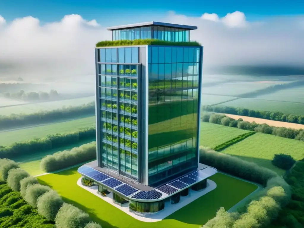 Rascacielos ecofuturista integrado en paisaje verde Un rascacielos ecológico integrado en un paisaje verde, con paneles solares y turbinas eólicas