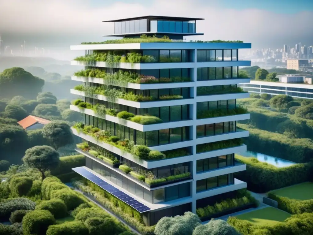 Rascacielos ecoamigable: bioarquitectura en 8k Un rascacielos ecológico moderno destaca en paisaje urbano verde, con paneles solares y jardín en la azotea