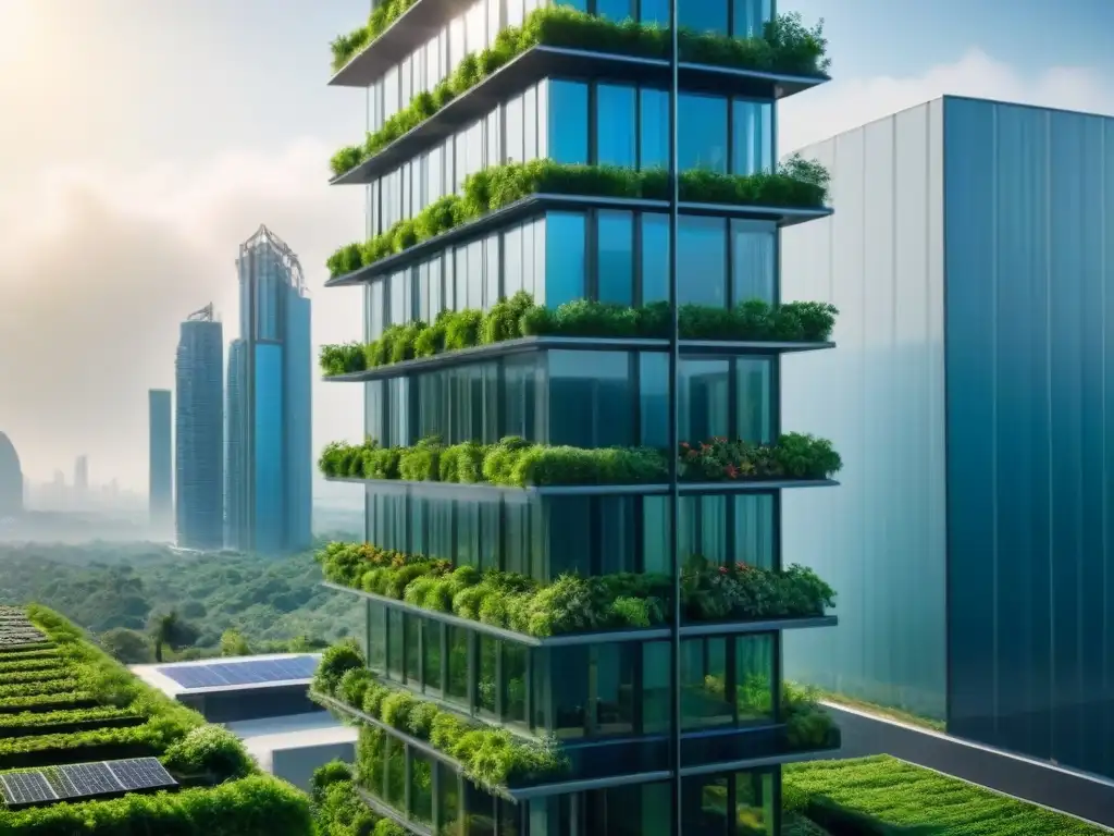 Rascacielos ecoamigable: armonía entre ciudad y naturaleza Un rascacielos ecológico rodeado de naturaleza, paneles solares brillantes, diseño innovador y ciudad vibrante