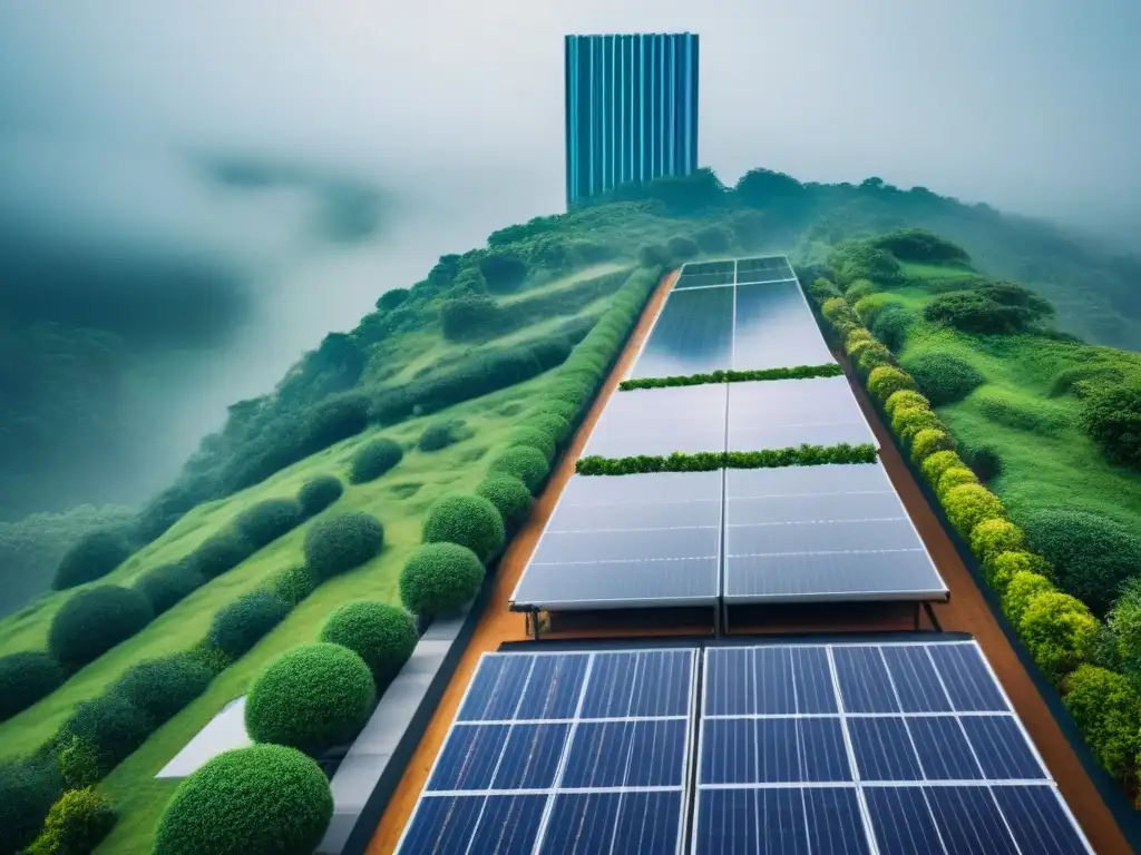Rascacielos ecológico: naturaleza y tecnología en armonía Un rascacielos ecológico rodeado de vegetación, paneles solares y diseño innovador, simbolizando inversores en propiedades verdes