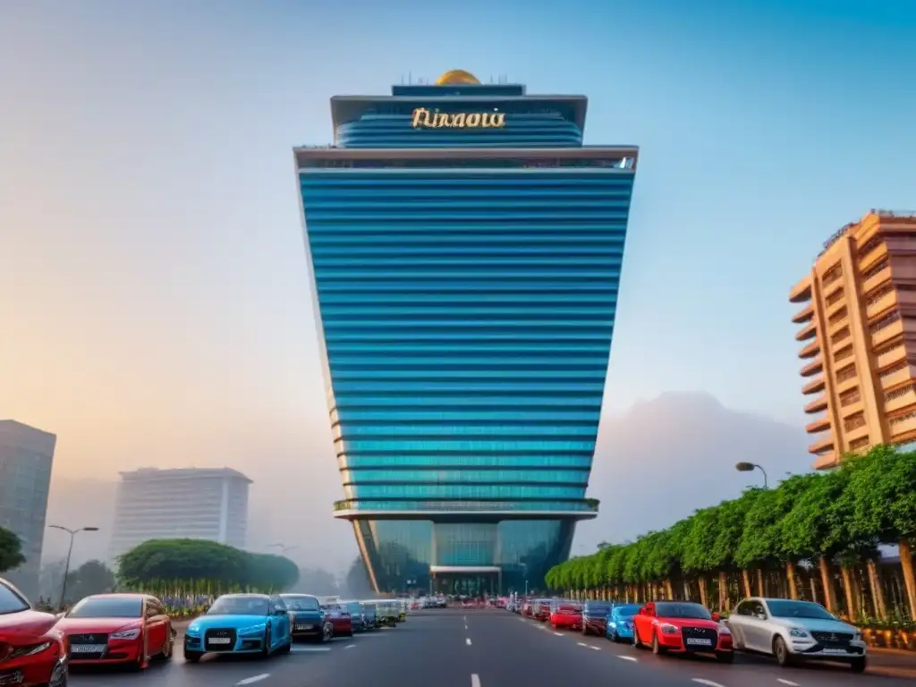 Rascacielos futurista en Kigali: mezcla de tradición y modernidad Un rascacielos futurista en Kigali, con arquitectura tradicional y diseño contemporáneo, refleja la bulliciosa ciudad