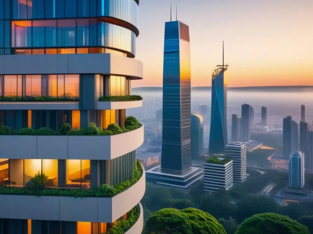 Rascacielos futurista al atardecer: diseño innovador y armonía urbana Un rascacielos futurista al atardecer con diseño innovador y vegetación, reflejando 'Edificaciones con propósito internacional'