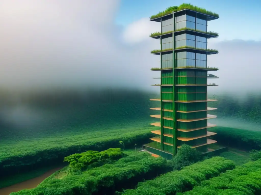 Rascacielos bioarquitectónico: innovación sustentable en paisaje verde Un rascacielos futurista de bambú y paneles solares en un paisaje verde