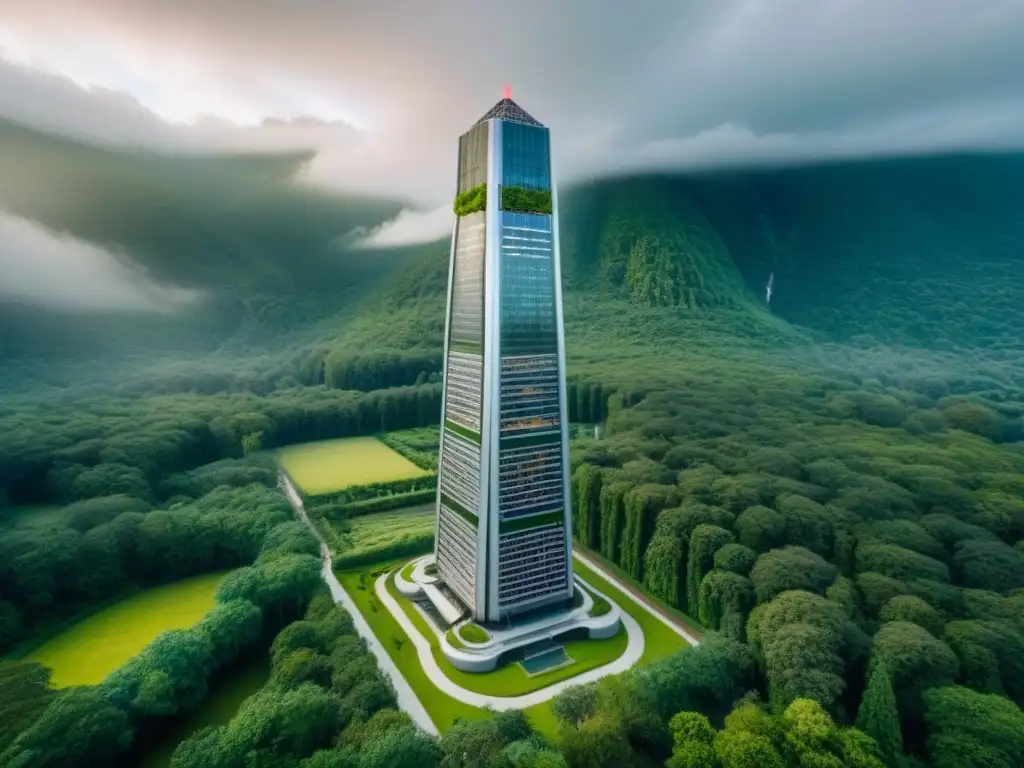 Inversión inmobiliaria: Edificio futurista en bosque verde Un rascacielos futurista emerge de un bosque verde, simbolizando la inversión inmobiliaria en mercados no convencionales