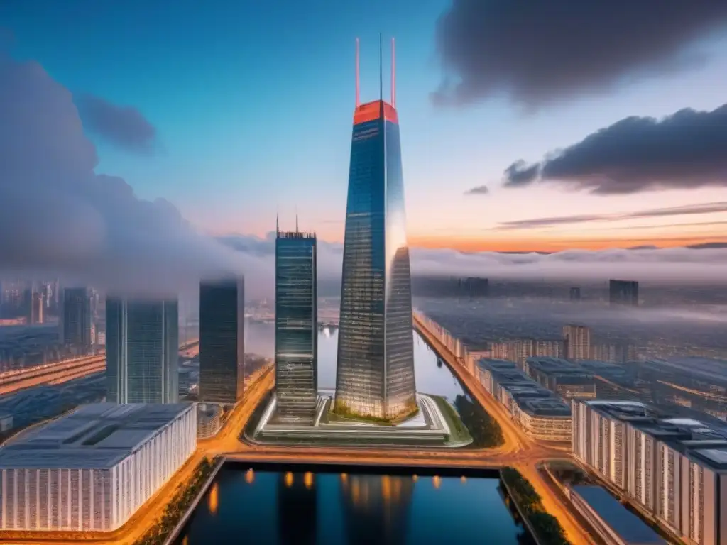 Espectacular rascacielos futurista en ciudad vibrante al atardecer Un rascacielos futurista se alza sobre una ciudad animada al atardecer