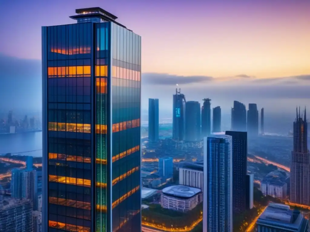 Edificio futurista: diseño innovador en metrópolis Un rascacielos futurista en una ciudad bulliciosa, con tecnología avanzada y diseño innovador