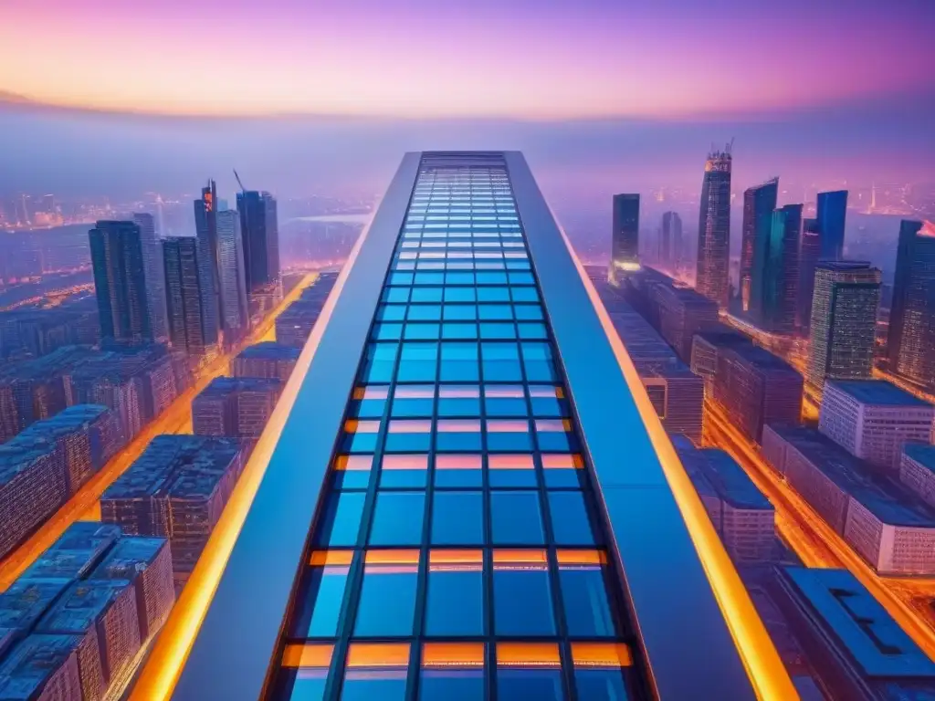 Rascacielos futurista integrando la tecnología en la ciudad digital Un rascacielos futurista refleja una ciudad digital, mostrando el Impacto de la Revolución Digital en el mercado inmobiliario