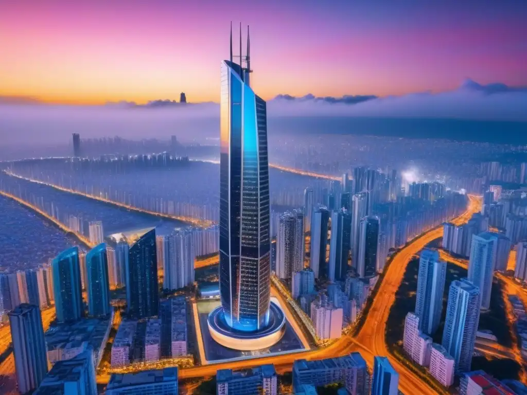 Rascacielos futurista en ciudad latinoamericana digitalizada Un rascacielos futurista en una ciudad latinoamericana, con tecnología en mercado inmobiliario América