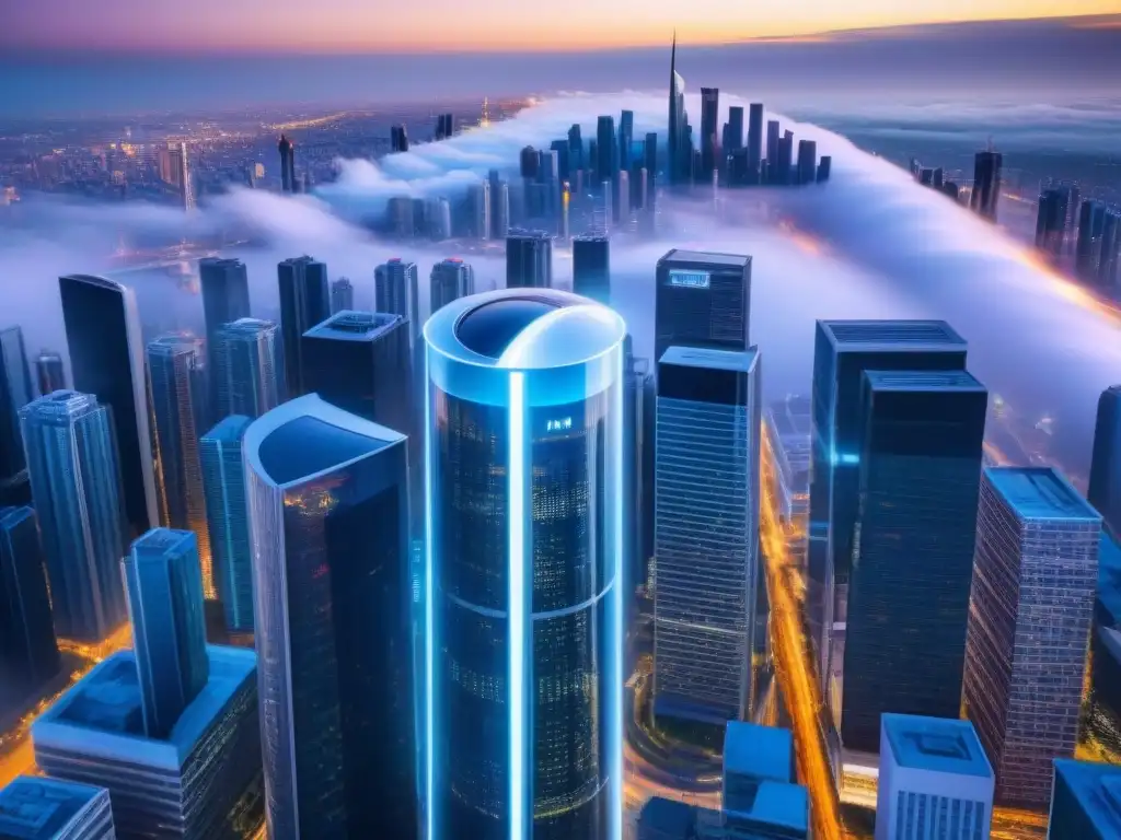 Rascacielos futurista: éxito global en tiempo real Un rascacielos futurista destaca en una ciudad vibrante, representando la estrategia branding inmobiliario éxito global