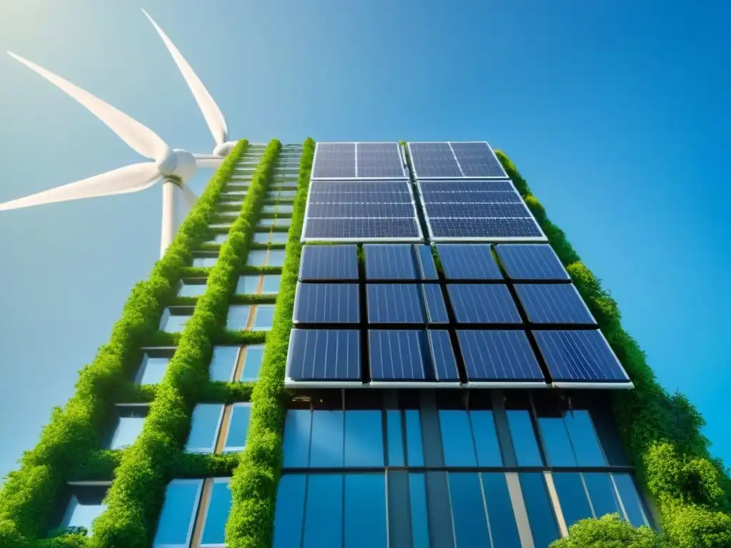 Rascacielos ecológico futurista: innovación en bioarquitectura Un rascacielos futurista cubierto de exuberante vegetación, paneles solares y turbinas eólicas integradas
