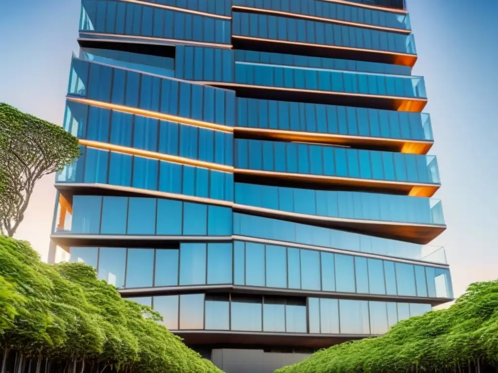 Rascacielos futurista con paneles solares y vegetación exuberante Un rascacielos futurista cubierto de paneles solares brillantes, rodeado de vegetación, con gente entrando y saliendo
