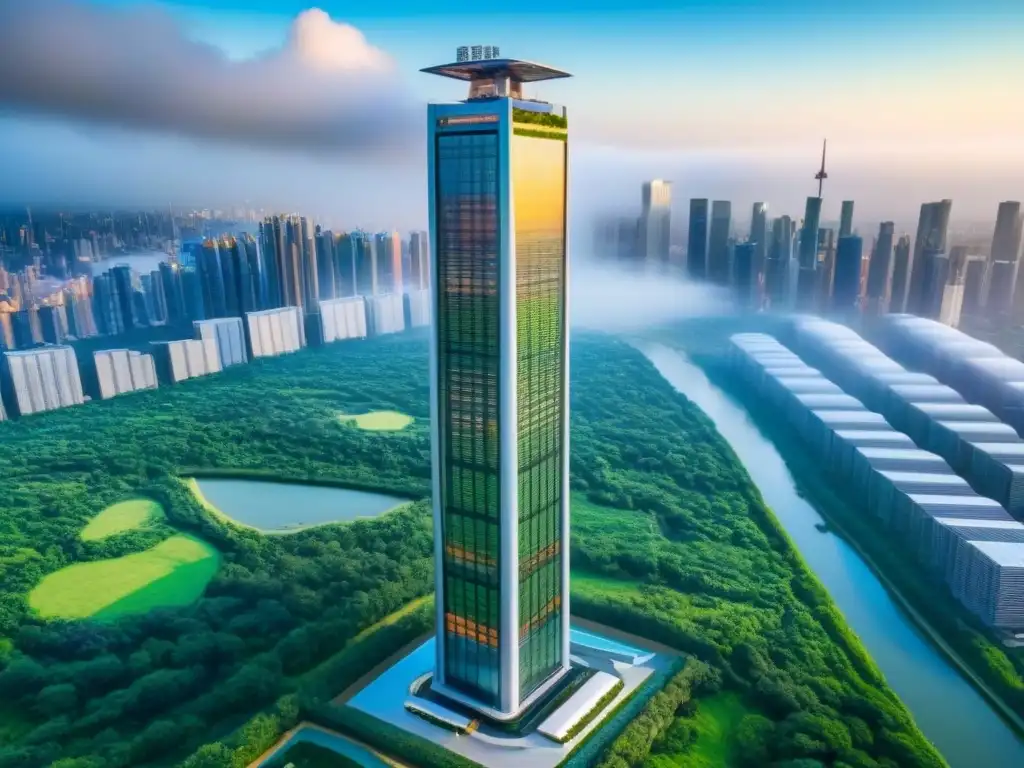 Rascacielos futurista sostenible en ciudad vibrante Un rascacielos futurista cubierto de vegetación, con paneles solares y turbinas eólicas