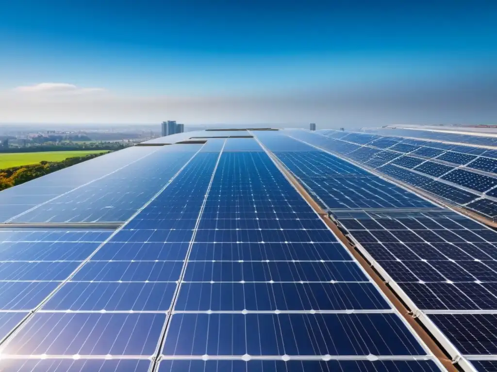 Rascacielos futurista con paneles solares en la ciudad Un rascacielos futurista cubierto de paneles solares relucientes, reflejando la luz del sol en un cielo azul, destaca en el horizonte urbano