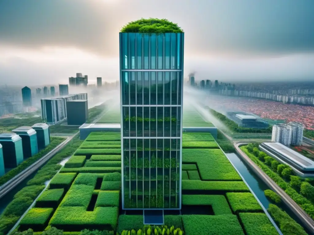 Rascacielos futurista con sistemas de agua innovadores Un rascacielos futurista cubierto de vegetación, con sistemas innovadores de reutilización de agua
