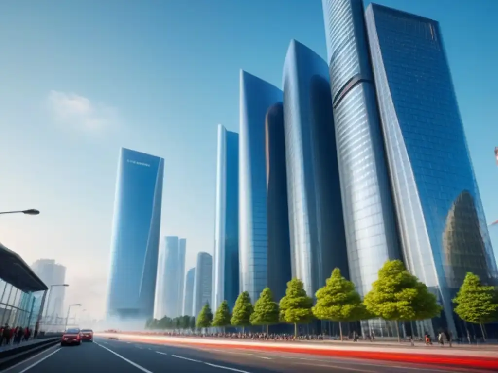 Edificio futurista: innovación y progreso en la ciudad posCOVID Un rascacielos futurista con diseño innovador, reflejando el progreso y futuro brillante del mercado tiempo compartido post COVID