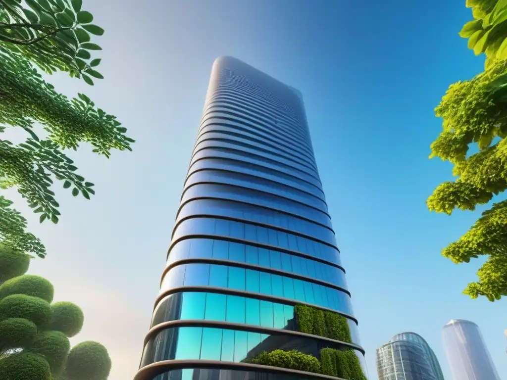 Rascacielos ecofuturista: visión verde del mañana Un rascacielos futurista ecoamigable, bioarquitectura integrada con diseño sostenible, ideal para inversores comprometidos con el cambio climático