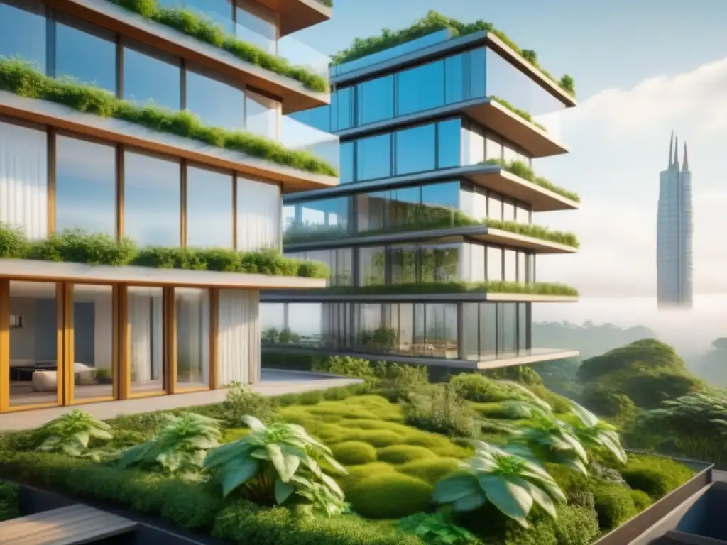 Bioarquitectura futurista: rascacielos eco en paisaje verde Un rascacielos futurista ecoamigable integrado en un paisaje verde, destacando la bioarquitectura en mercado inmobiliario internacional