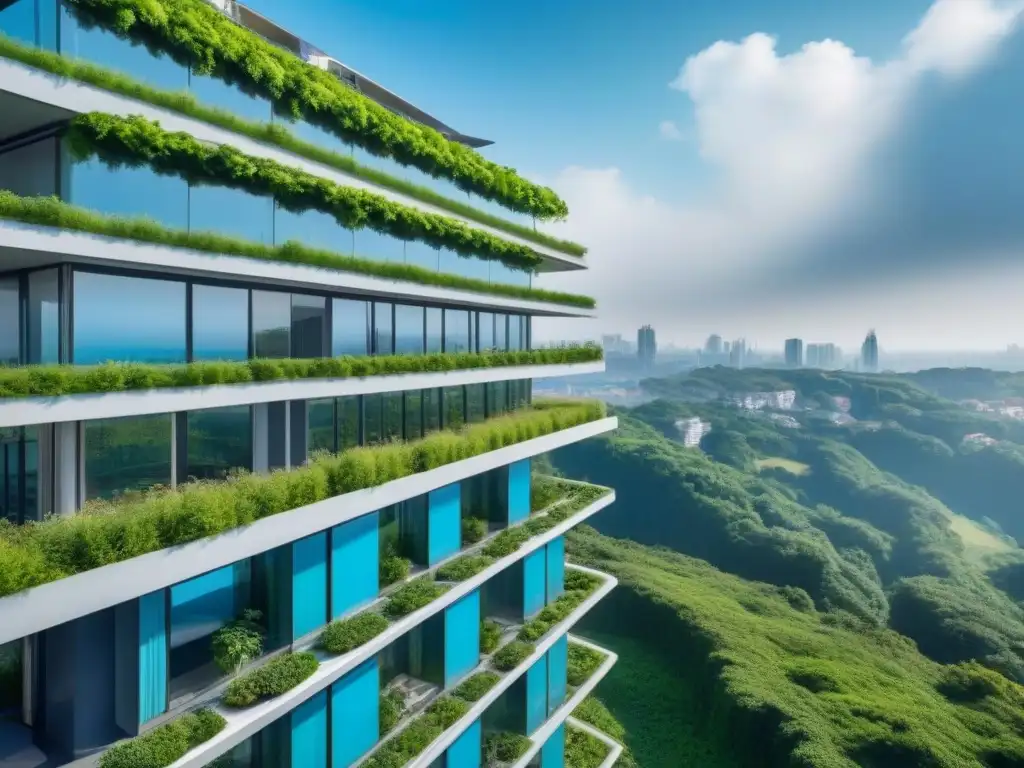 Rascacielos ecológico integrado con naturaleza exuberante Un rascacielos futurista ecoamigable integrado con exuberante vegetación en balcones y azoteas