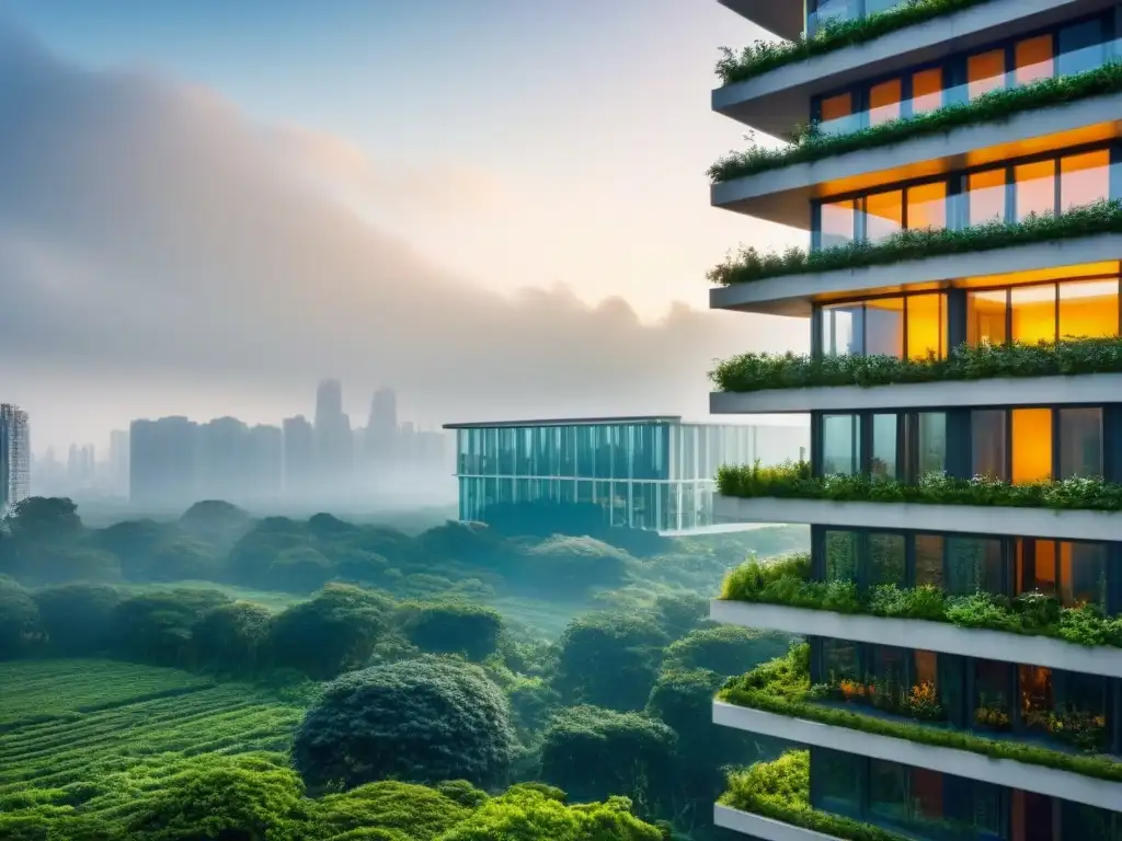 Rascacielos ecológico: diseño bioarquitectónico innovador Un rascacielos futurista ecoamigable rodeado de exuberante vegetación, reflejando diseño bioarquitectónico innovador