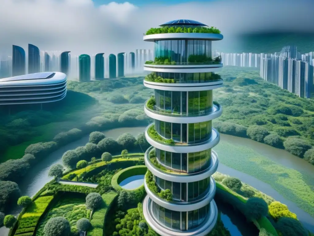 Futurismo sostenible: rascacielos eco en 8K Un rascacielos futurista ecoamigable rodeado de vegetación exuberante y paneles solares, fusionando arquitectura moderna, naturaleza y sostenibilidad