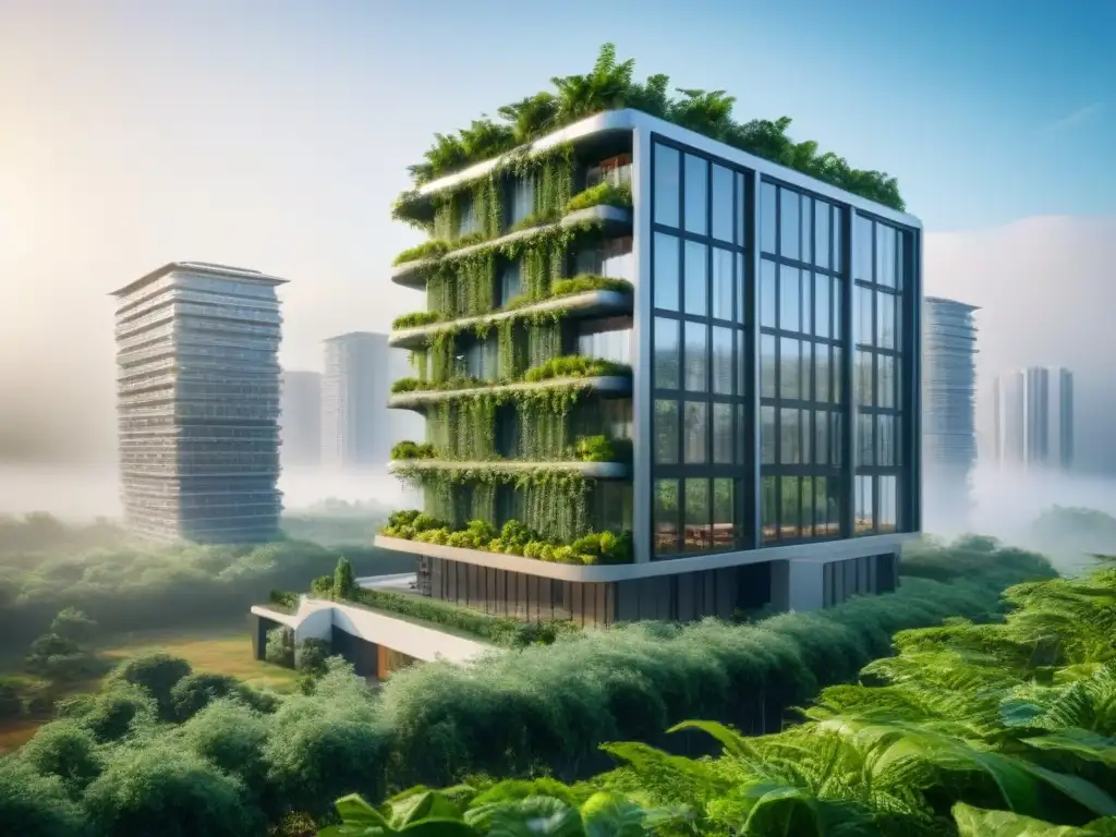 Eco-rascacielos futurista: diseño sostenible y naturaleza exuberante Un rascacielos futurista ecoamigable rodeado de vegetación y paneles solares, destacando la construcción sostenible para inversores globales