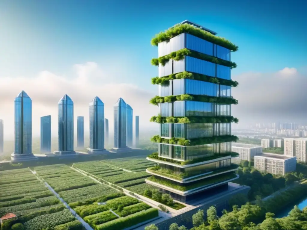 Un rascacielos futurista ecoamigable con tecnologías verdes inversión inmobiliaria, rodeado de exuberante vegetación y moderna arquitectura urbana
