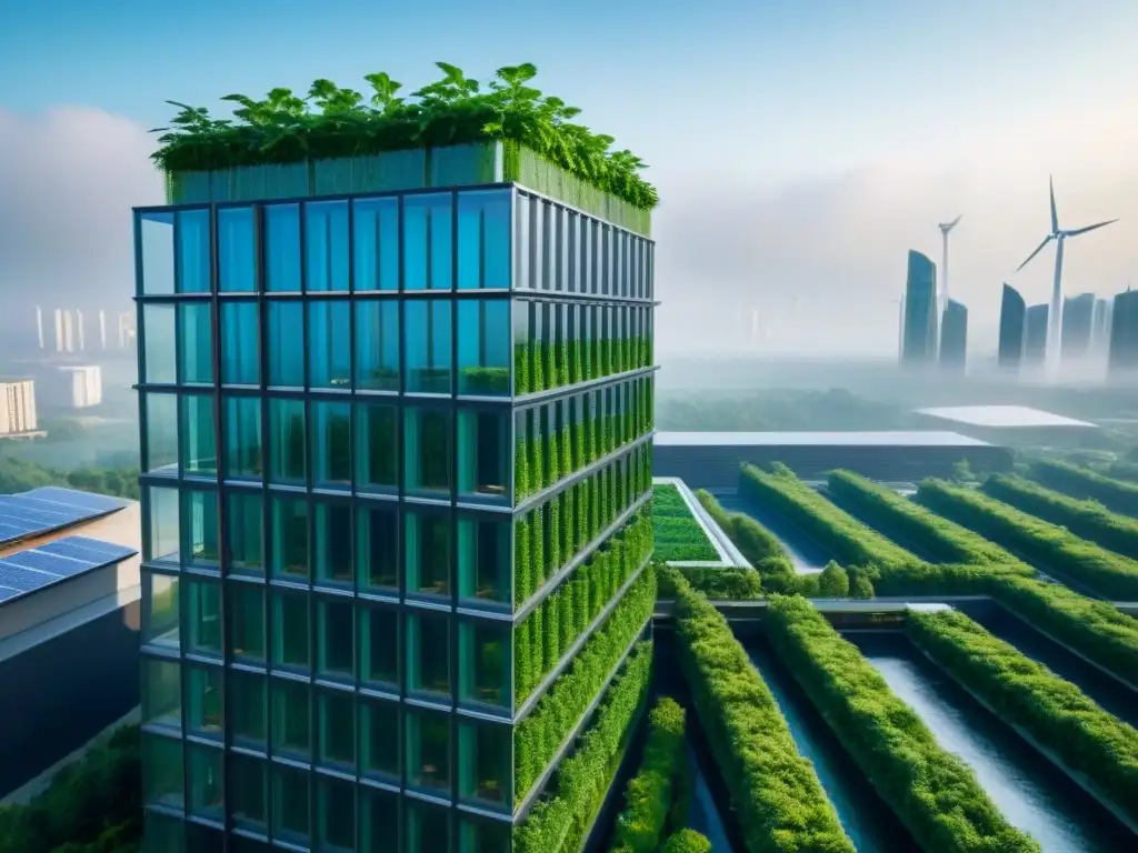 Rascacielos ecológico futurista en paisaje urbano verde Un rascacielos futurista ecofriendly con paneles solares y muros verdes en un paisaje urbano verde, reflejando REITs ecológicos mercado inmobiliario