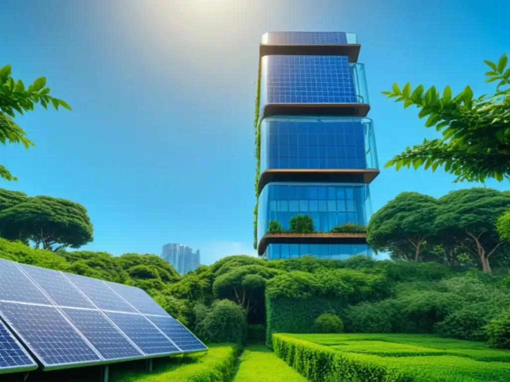Rascacielos ecológico: diseño futurista en armonía con la naturaleza Un rascacielos futurista ecológico entre vegetación, con diseño sostenible en vidrio y madera