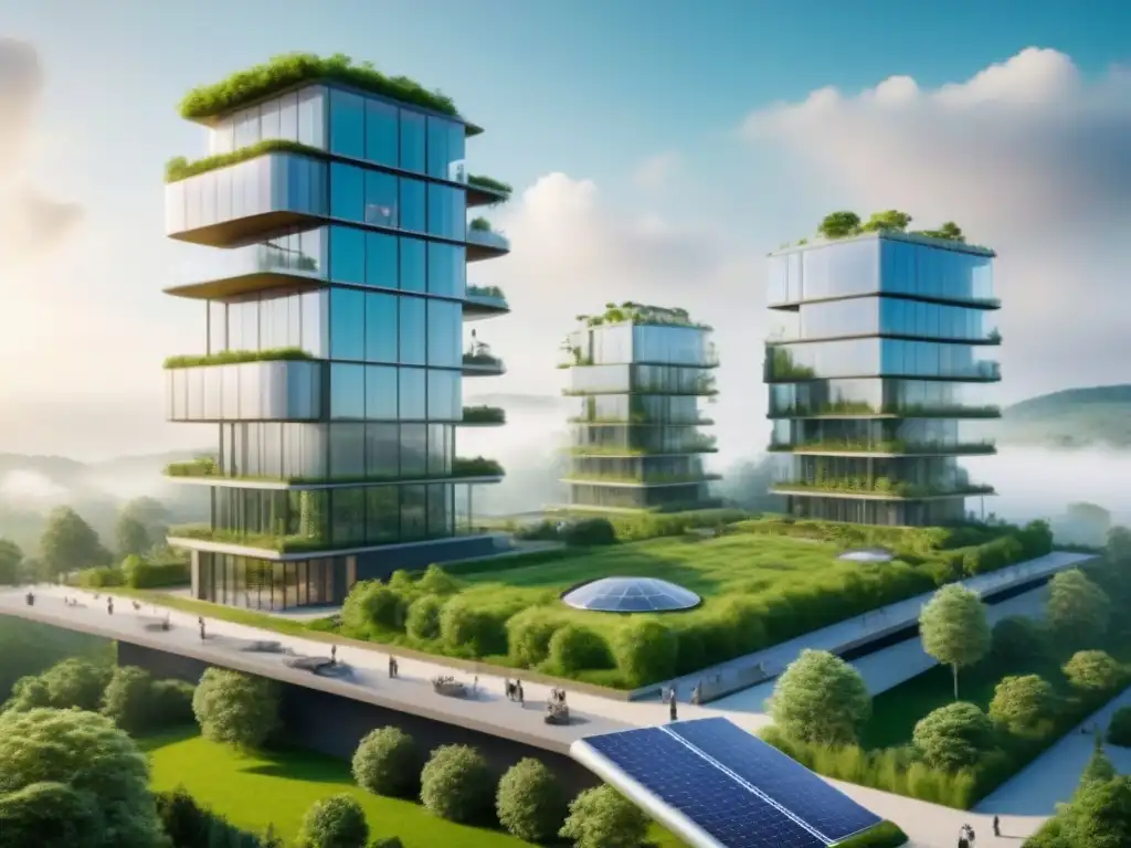 Rascacielos ecológico del futuro en entorno natural Un rascacielos futurista ecológico integrado en un paisaje verde, con paneles solares y turbinas eólicas