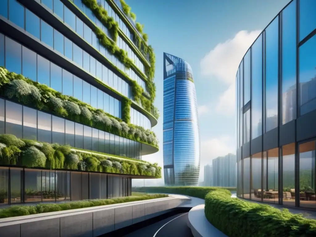Rascacielos ecológico futurista con diseño innovador y sostenible Un rascacielos futurista y ecológico rodeado de vegetación exuberante, con diseño innovador y elementos sostenibles