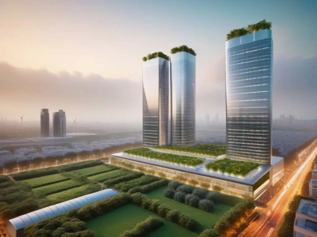 Rascacielos futurista y sostenible en ciudad internacional Rascacielos futurista de eficiencia energética en ciudad internacional, innovación en mercado inmobiliario